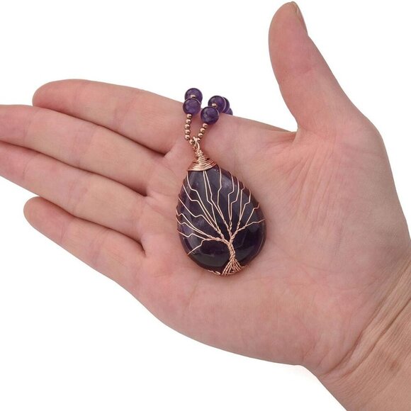 Healing Amethyst Necklace Natural Stone Wire Wrapped Pendant for Meditation - Picture 7 of 9